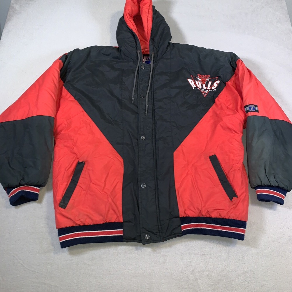 Chicago Bulls Puffer Jacket‎ Logo 7 Mens Large Black Red Embroidered Vintage 90s